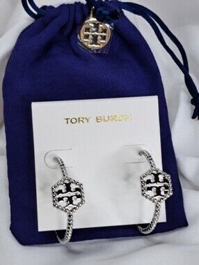 0Tory Burch Milgrain Paver Hexagon Twist-Hoop Stud Earrings Silver w/TB Dust Bag